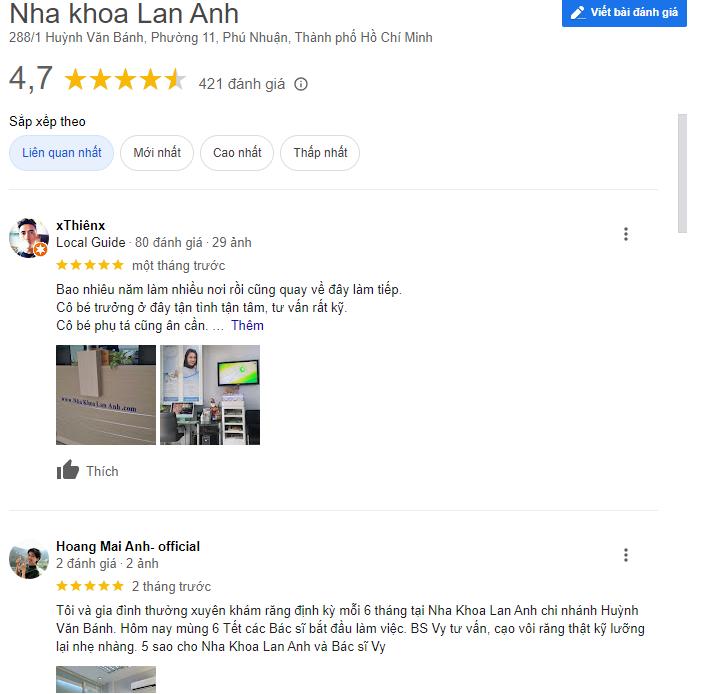 Review của Khách Hàng Gmap của nha khoa Lan Anh