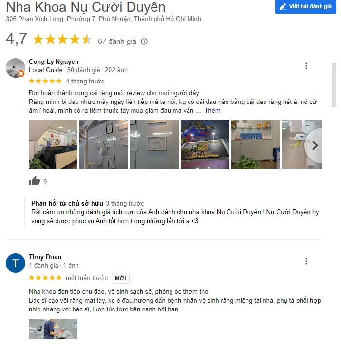Review của Khách Hàng từ Gmap của Nha khoa Nụ Cười Duyên